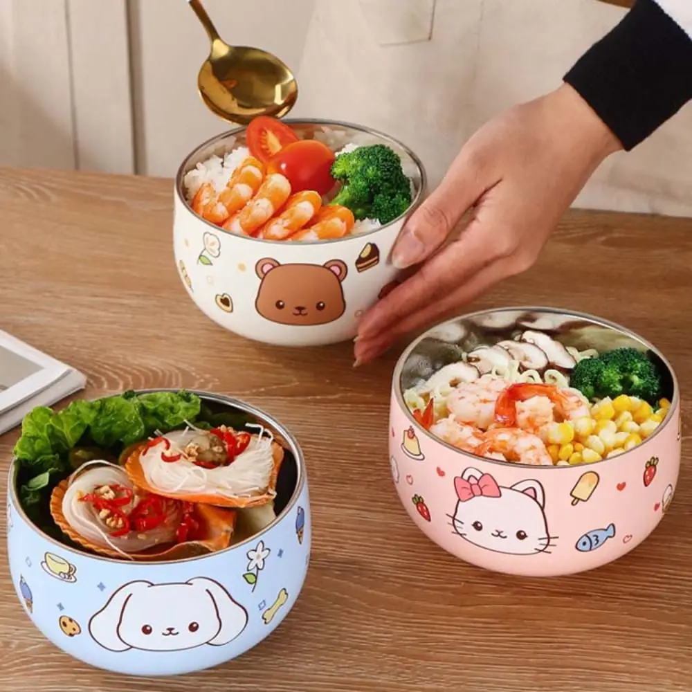 Cartoon Pattern Stainless Steel Children's Bowl Double Layer Drop-proof Ramen Bowl Unbreakable Anti-scalding Rice Bowl Soup