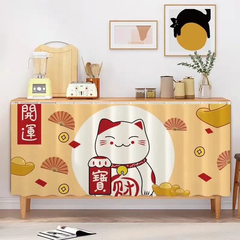 VIKAMA Lucky Cat Print Long Kitchen Cupboard Curtain For Under Sink Door Cover Easy Install Soft Washable Home Decor
