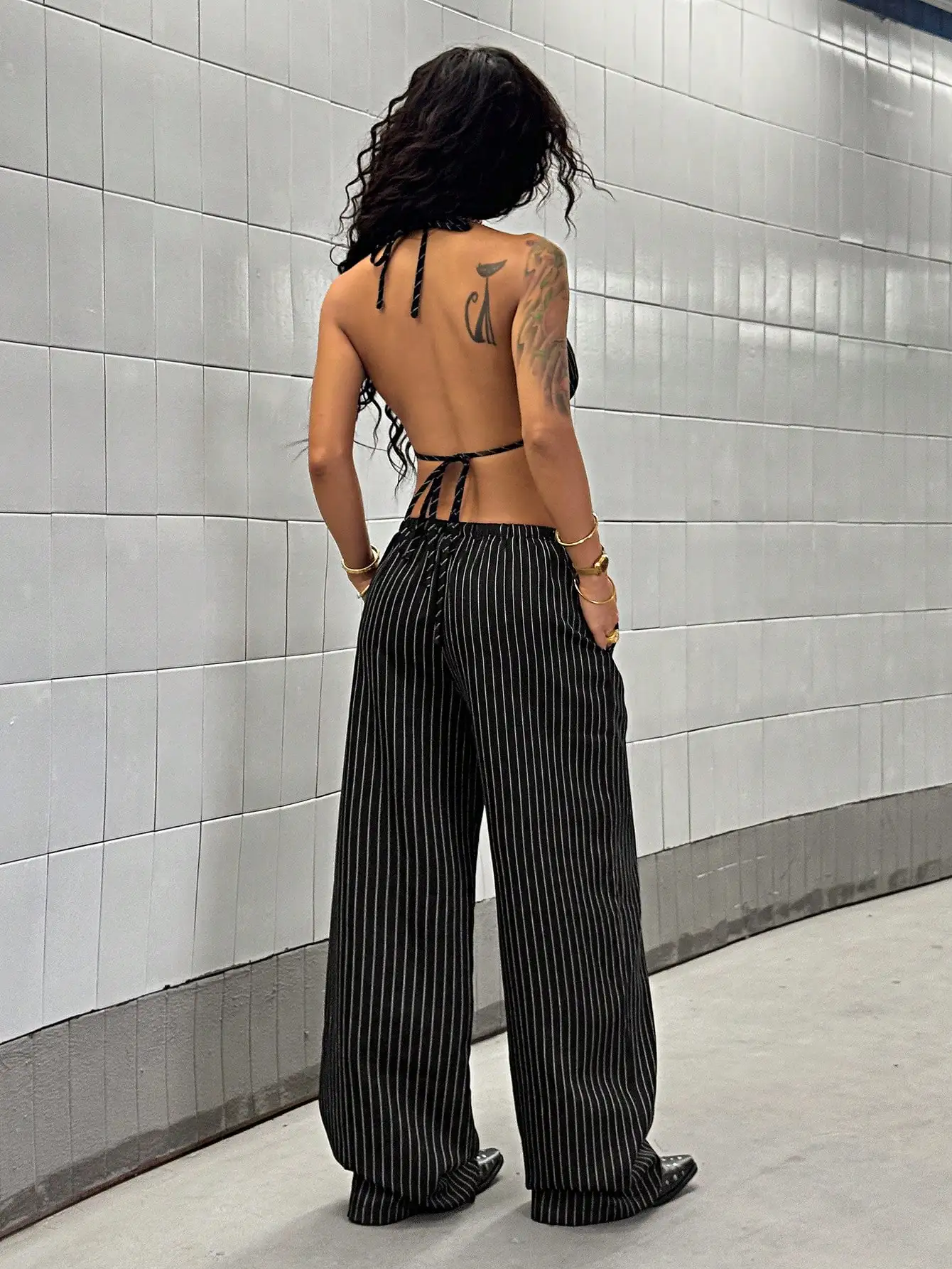 Conjunto de Top Cropped Listrado com Alças e Calças de Perna Larga para Mulheres, Roupas de Rua Sexy