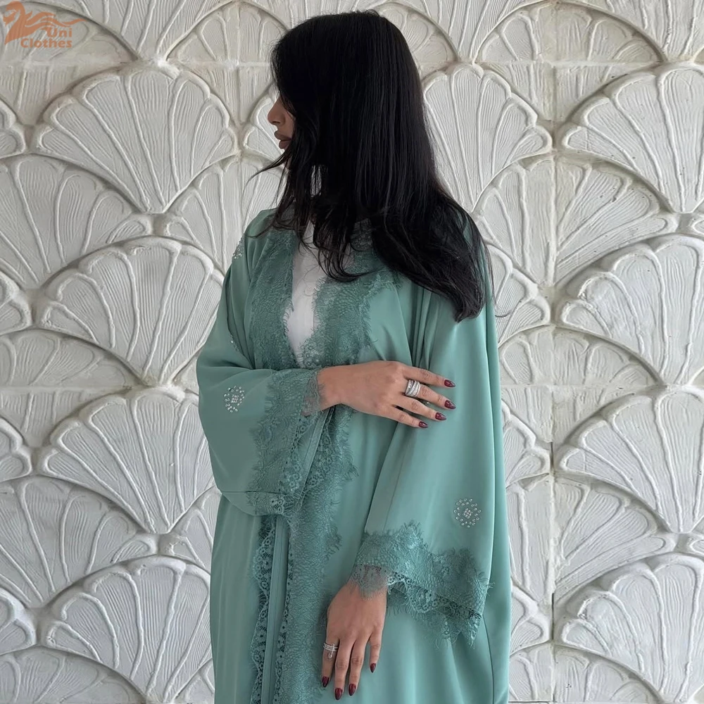 

2025 New Open Abaya Dubai Lace Applique Kaftan Kimono Cardigan for Muslim Women Islamic Clothing Turkey Jalabiya
