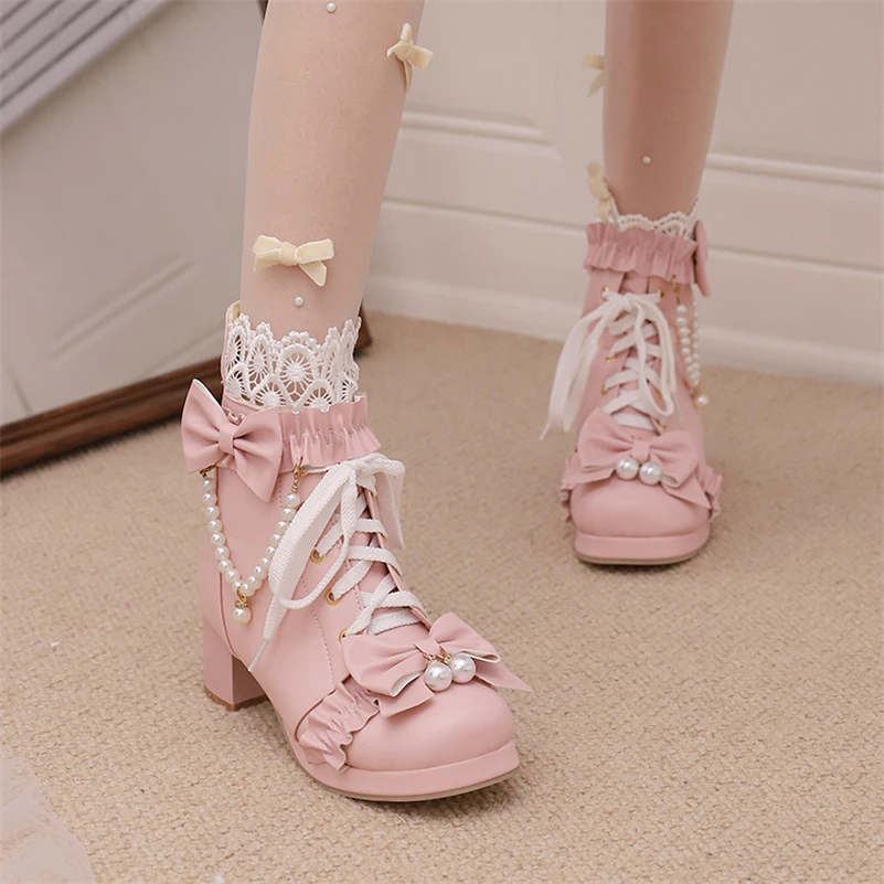 FOREADA Women Lolita Ankle Short Boots Round Toe Kawaii Thick Mid Heels Zipper Bead Bow Lace-up Lady Cosplay Shoes Autumn Winter