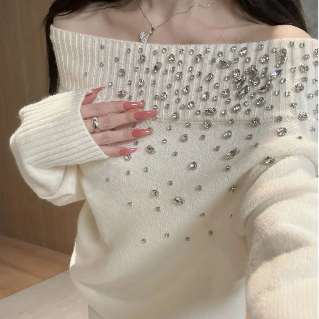 White Drill Off Shoulder Oversized Sweater Women Sparkly Knitted Top Long Pullover Sweater Knitwear Outerwear Chic Party Sweater