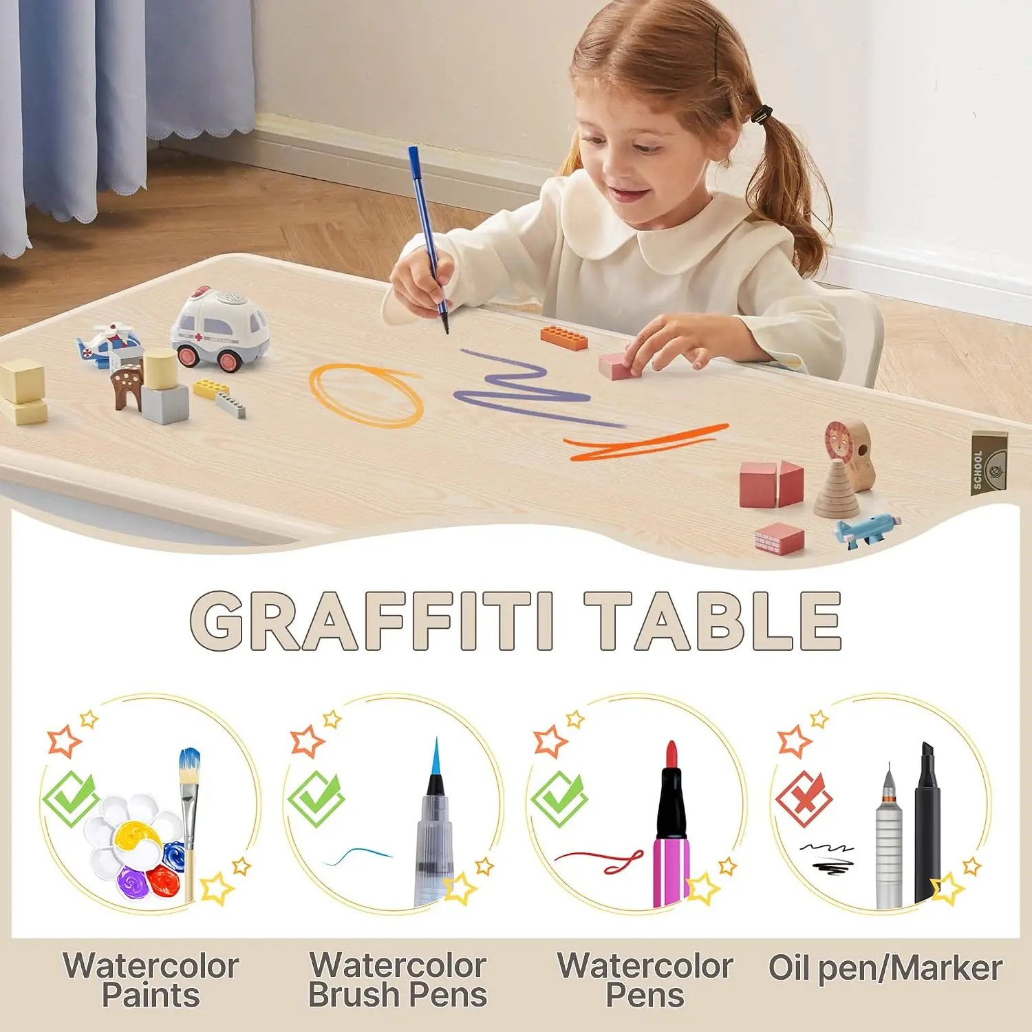 Height Adjustable Kids Study Table & Chair Set with Graffiti Desktop for Ages 3-8, Burlywood, Customized view 4