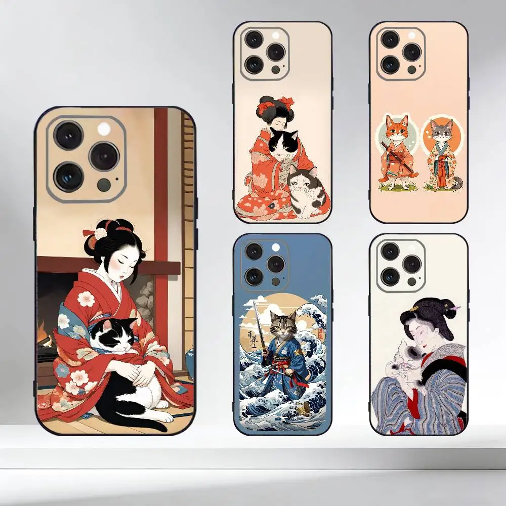 

J-Japanese Kimono Cat Phone Case For iPhone 17,16,15,14,13,12,11 Plus,Pro Max,XS,Soft Silicone Black Cover