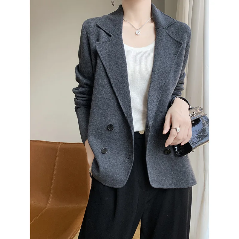 New Autumn And Winter Worsted Wool Cardigan Women\'s Suit Collar Solid Color Double-breasted Jacket Loose Short Knitted Top