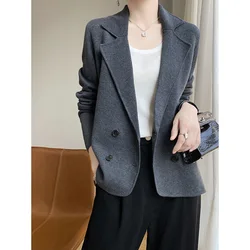 New Autumn And Winter Worsted Wool Cardigan Women's Suit Collar Solid Color Double-breasted Jacket Loose Short Knitted Top