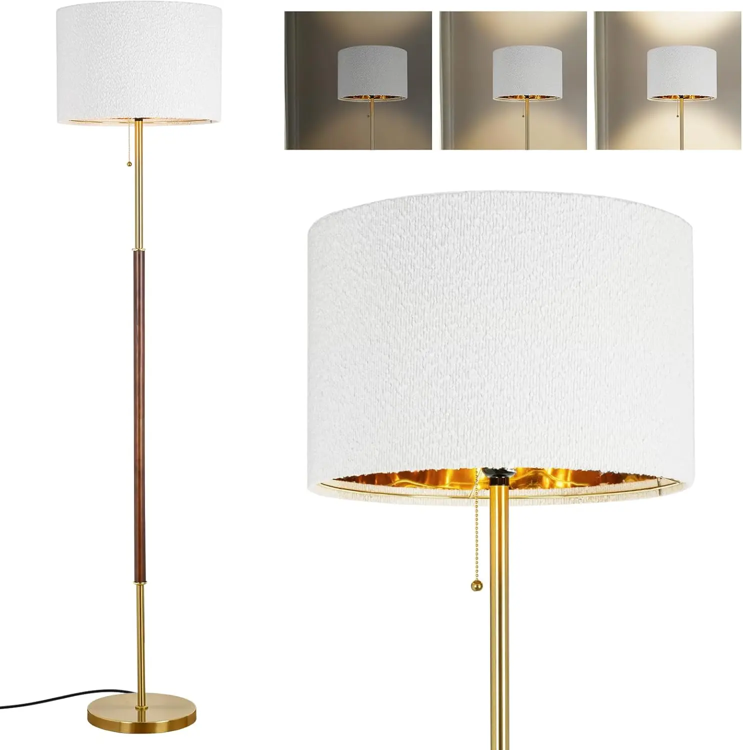 

Gold Farmhouse Floor Lamp with Velvet Shade, Adjustable Brightness for Living Room Bedroom Office