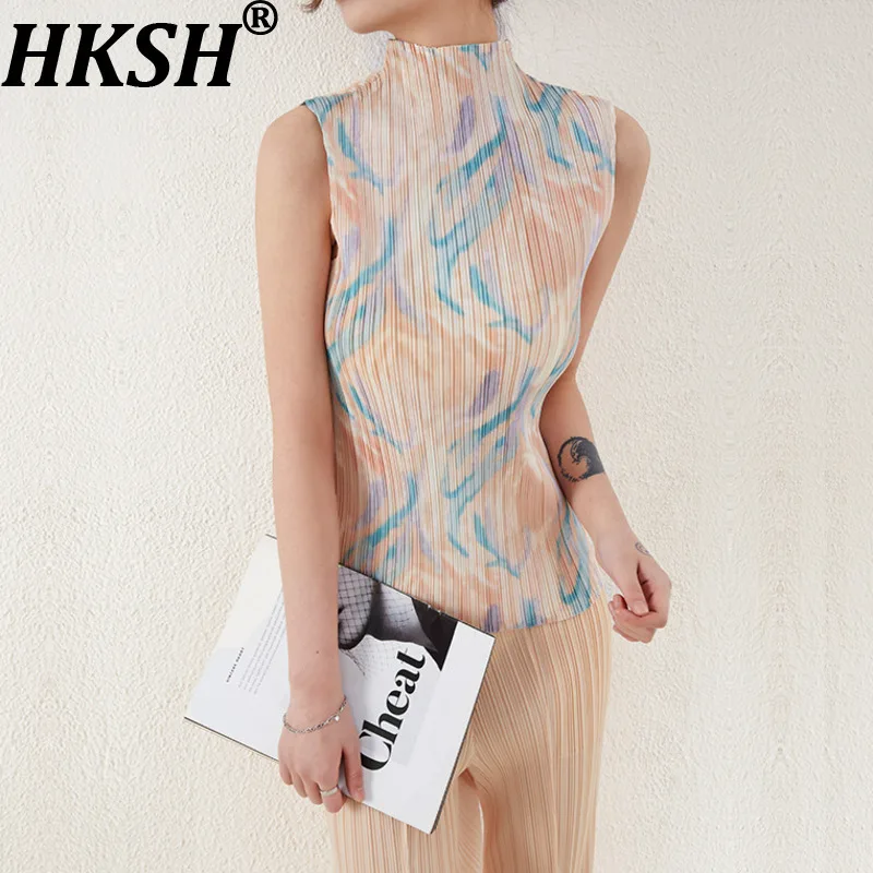 

HKSH Women Thin Vest Pleated Pullover Turtleneck Slim Fit Sleeveless Printed Stretch Elegant Casual Tank Tops New Summer HK20892