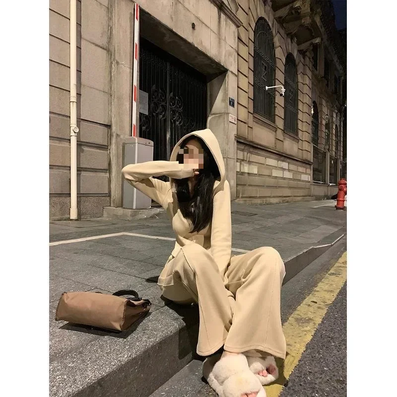 Korean Two Piece Sets Women Solid Casual Slim Fit Hooded V Neck Zipper Full Sleeve Tops Coats Wide Leg Long Pants Set 2023