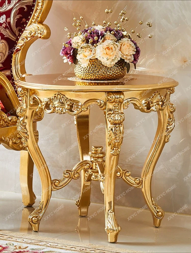 Solid wood small round table villa living room carved small corner table