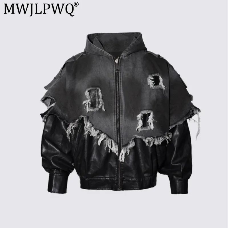 MWJLPWQ American High Street Vibe Washed Distressed Raw Edge Top Patchwork Color-Blocking Vintage Punk Denim Hooded Jacket 21255
