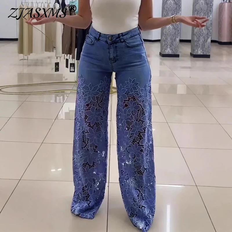 

Y2K Elegant High Waist Women's Jeans Sexy Crochet Spliced Lace Hollow Out Flower Trousers Summer Streetwear Denim Pants Harajuku