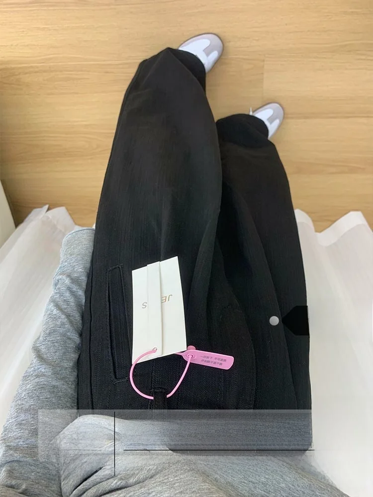 

High Waist Straight Leg Black Denim Jeans Women's Summer Slimming Wide Leg Floor-Length Pants Folded Texture Loose Fit