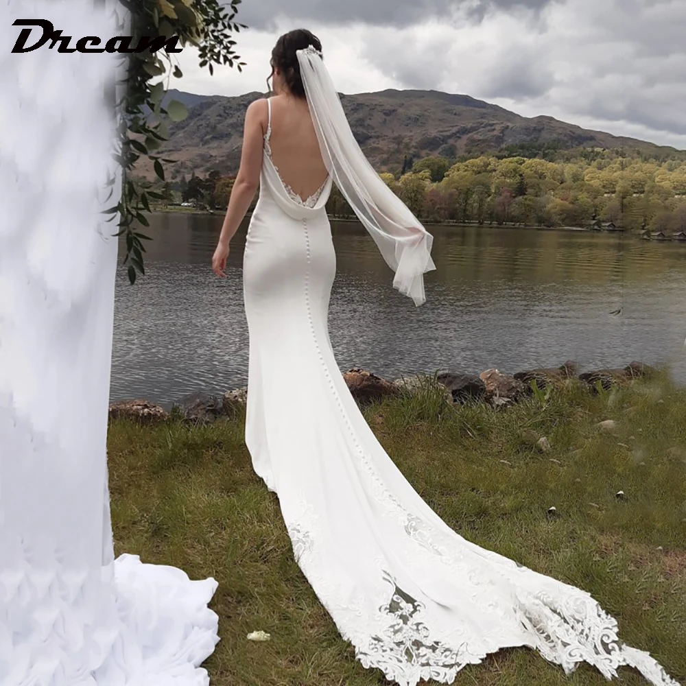 Dream personalizado elegante decote em v sereia vestido de casamento alças espaguete renda cowl drapeado volta sem mangas praia simples vestido de noiva