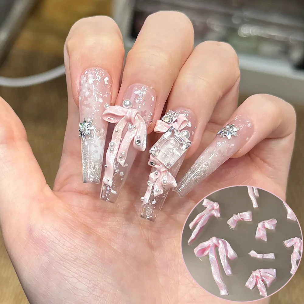 Nail Art Pink Soft - 50pcs Pink 3D Soft Carving BowKnot