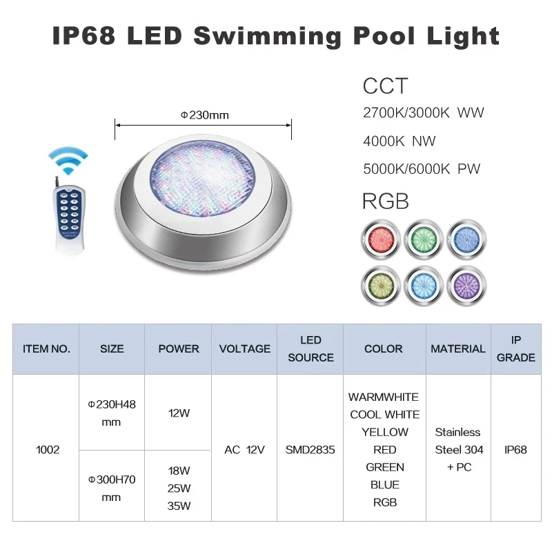12W 24W 36W 54W  Pool Light IP68 Waterproof 12V Outdoor RGB Underwater Light Round Fountain Colorful Light Warm white/ White