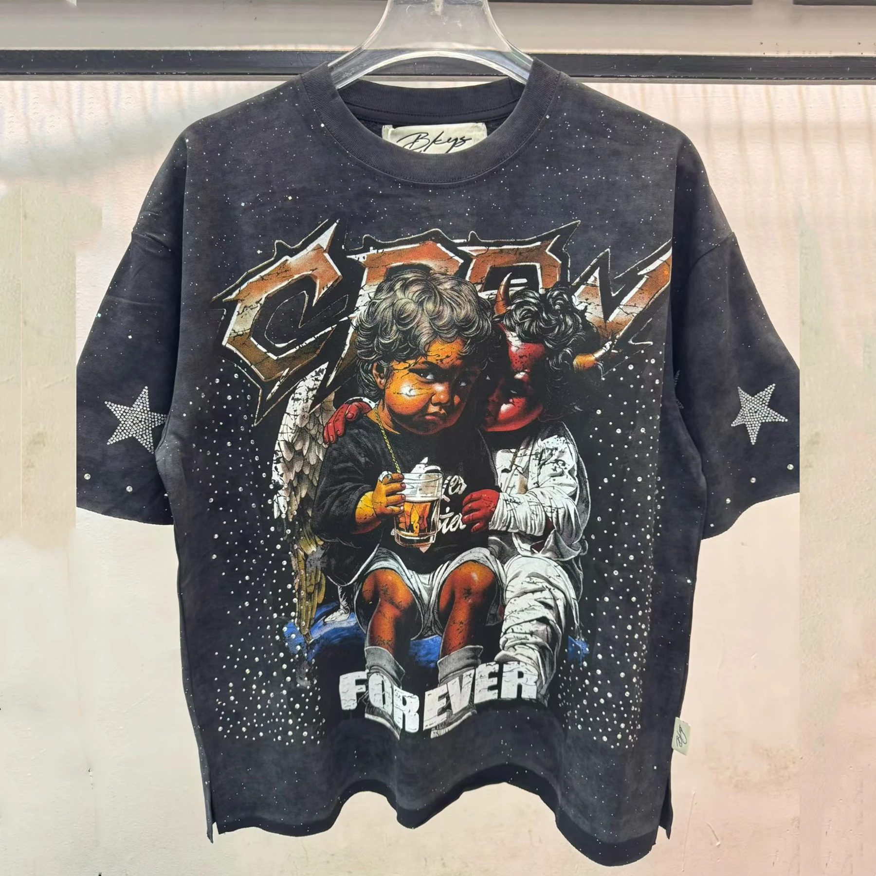 Washed BKYS Los Angeles Starry Sky Hot Diamond T Shirt Men Women High Quality Tee Tops T-Shirt