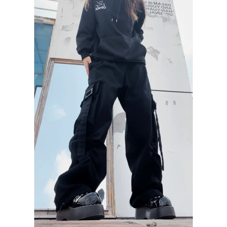 Unisex Cargo Loose Wide Leg Street Dance Pants Cuffed Hem Dark Style Casual Trousers for Hip Hop Fashion Outfits