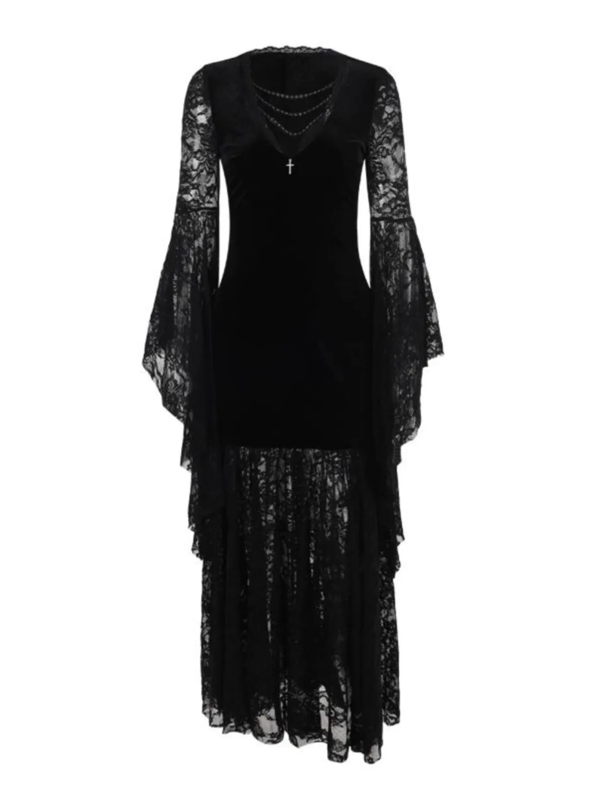 loween k Witch Sle Lace Dr Donna 2025 Nuovo abito a vita alta Bla Ele Gonna lunga Bell Sve V Ne Abbigliamento quotidiano