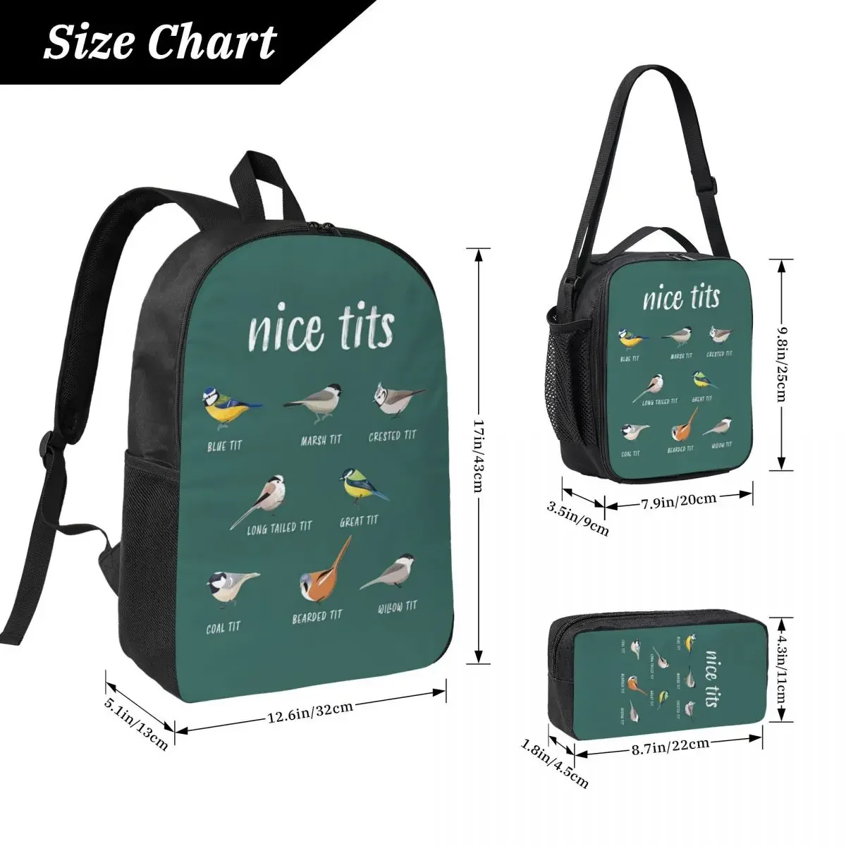 Nice Tits Funny Bird Watching Birder Backpack Boys Girls BookBag School Bag Shoulder Bags 3ps Insulated Lunch Bag Pencil Case