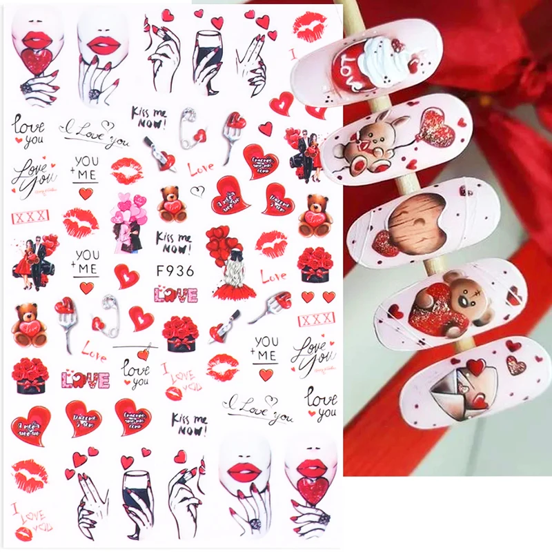 1pcs Valentine Nail Stickers 3D Red Sexy Girl Lips Care Cartoon Bear Letter Design DIY Slider Foils 2024 Spring Nail Decoration