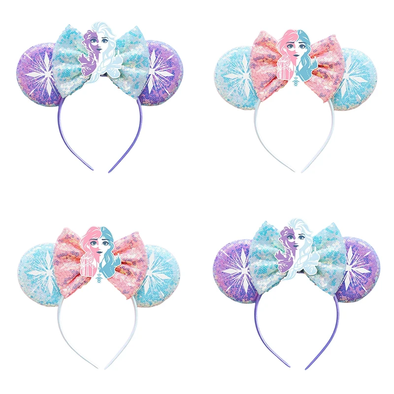 Frozen Ears Headband Women Disney Sequins Bow Hairbands Kid Princess Anna Headwear Baby Snowflake Hair Accessories Festival Gift