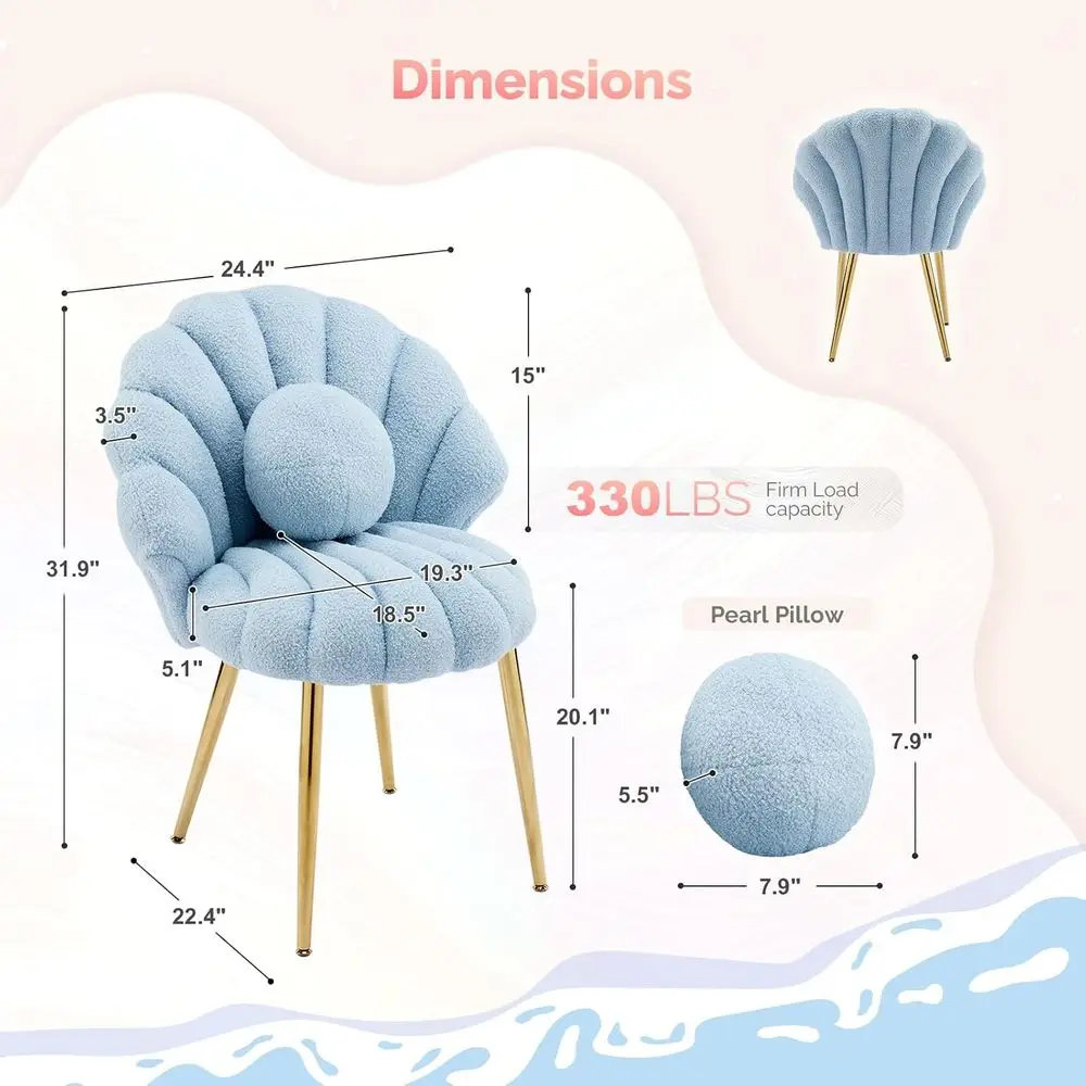 Shell-Shaped Teddy leece Accent Vanity Chair with Back,Comy Blue and Gold Desk Chair No Wheels,Cute Small Pearl Deco Pillow,Git