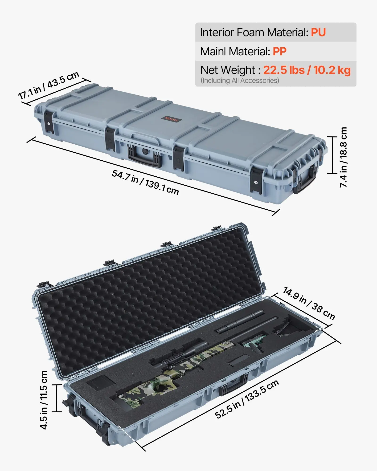 حافظة بندقية صلبة مقاس 52 بوصة IP67 حافظة مسدس مقاومة للماء والغبار مع 4 طبقات من الرغوة الناعمة والعجلات الصامتة حافظة بندقية قابلة للقفل