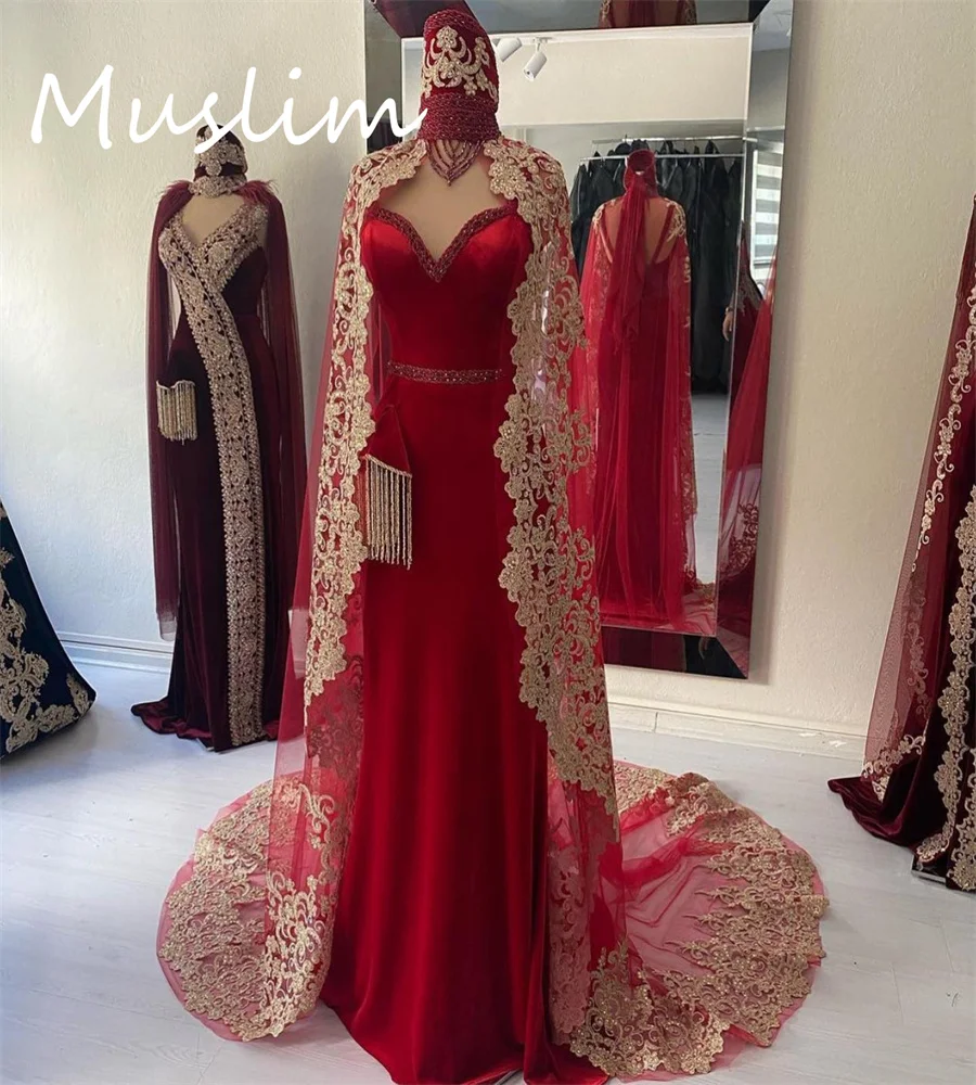 Luxury Saudi Arabic Wedding Dress With Cape Gold Appliques Middle East Kuwaiti Dubai Bridal Gowns With Hijib Moroccan Customized