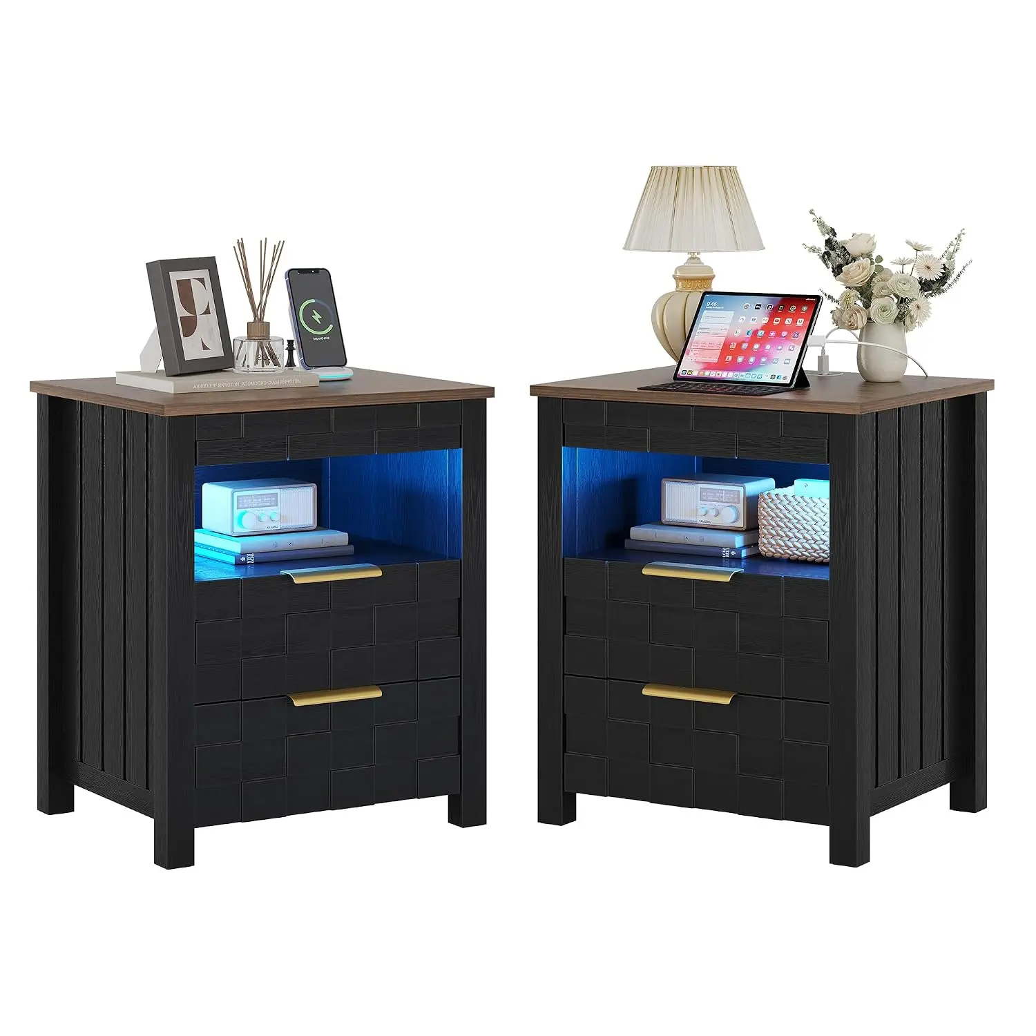 Nightstand Set Of 2 With Charging Station & 3 Drawers For Bedroom, Customized