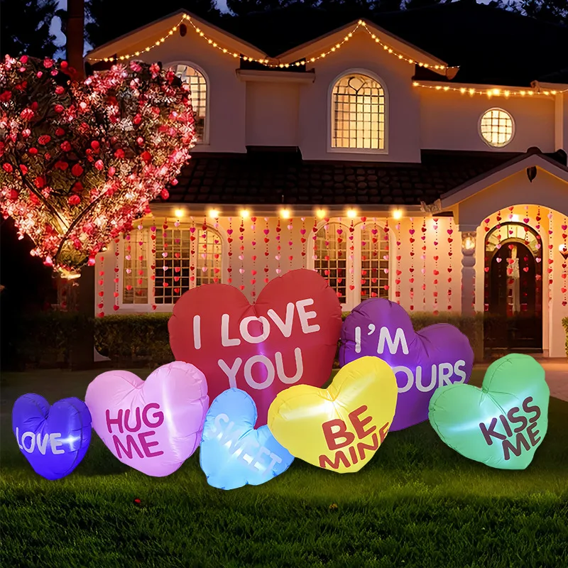 Valentine's Day Inflatable Seven Love Hearts Romantic Sweet Valentines Gift for Couples LED Light Blow Up Wedding Outdoor Toys