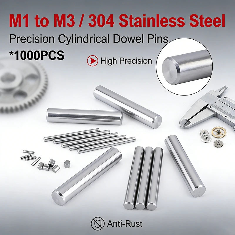 1000PCS 304 Stainless Steel Dowel Pins – Double Chamfered Flat Head Solid Cylindrical Locating Pin, M1 M1.5 M2 M3 φ3–30mm