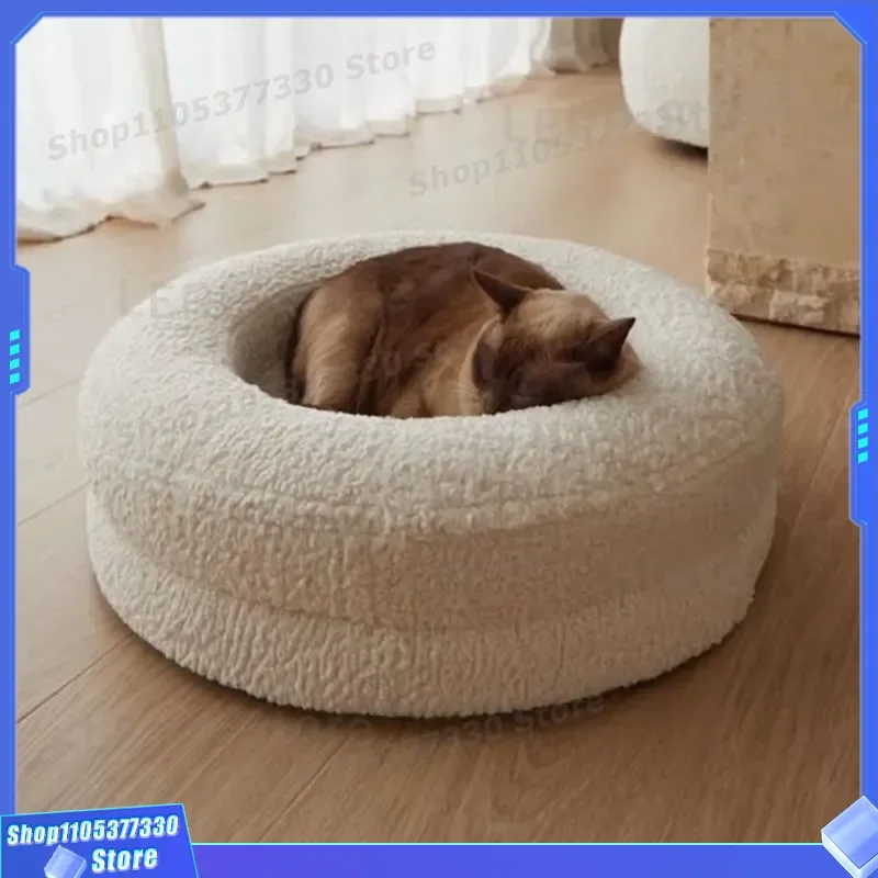 Warm Round Plush Pet Bed for Cats and Dogs Thickened Winter Nest Removable Washable Cushion Soft Cozy Sleeping Mat for Small