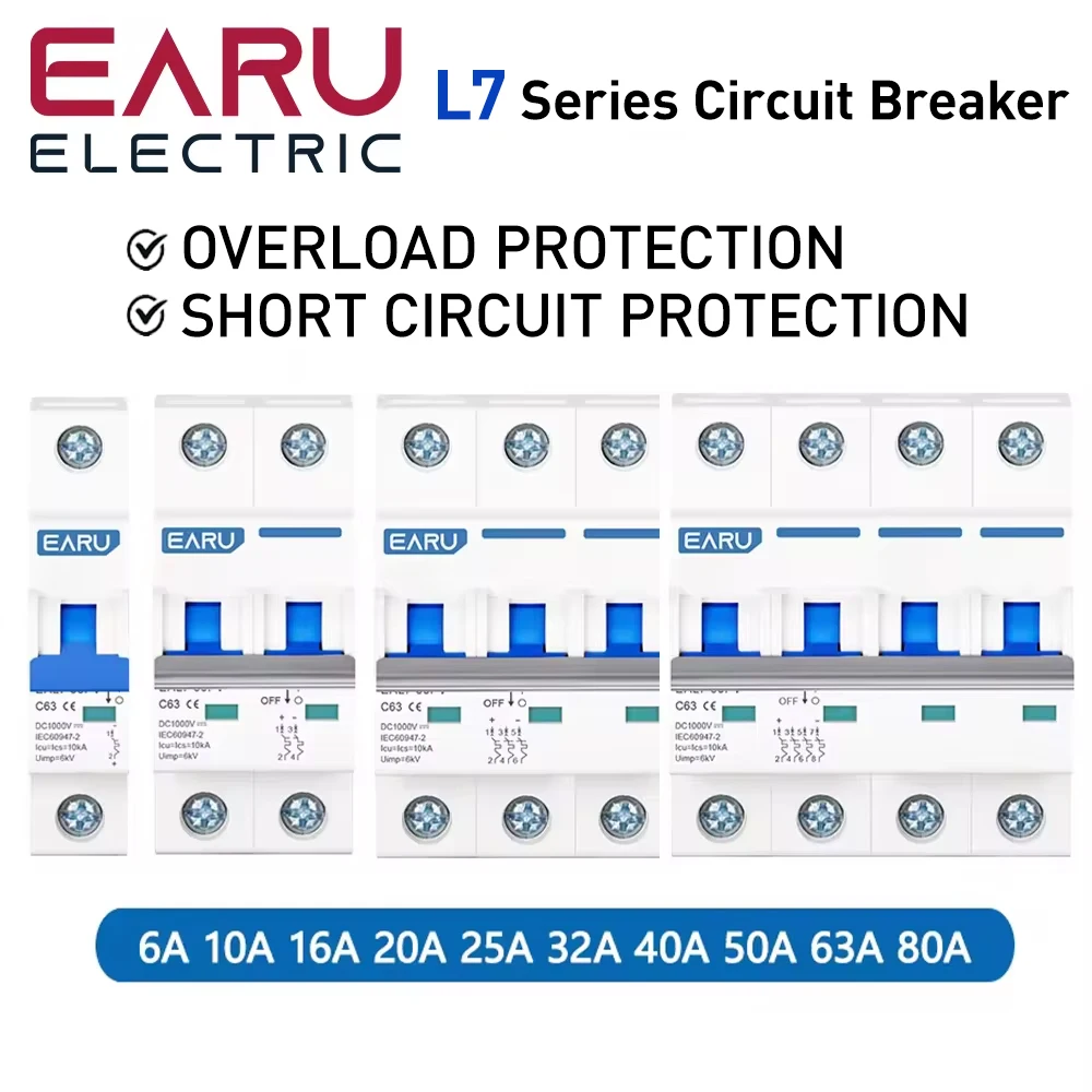 MCB 1/2/4P Solar Circuit Breaker 10/16/20/25/32/63/80A DC1000V Short Circuit Overload Protection Battery Switch Photovoltaic PV