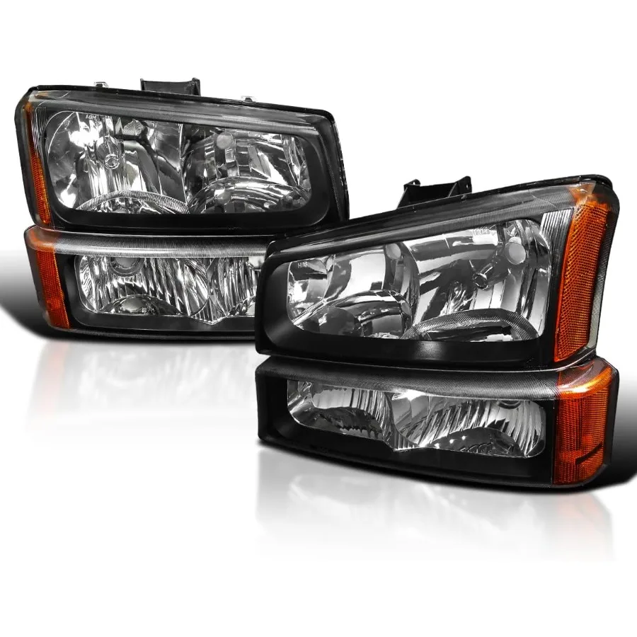 

Black Housing Clear Lens Headlights + Bumper Lights Compatible with 2003-2007 Chevy Silverado Avalanche L+R Pair Head Light Lamp