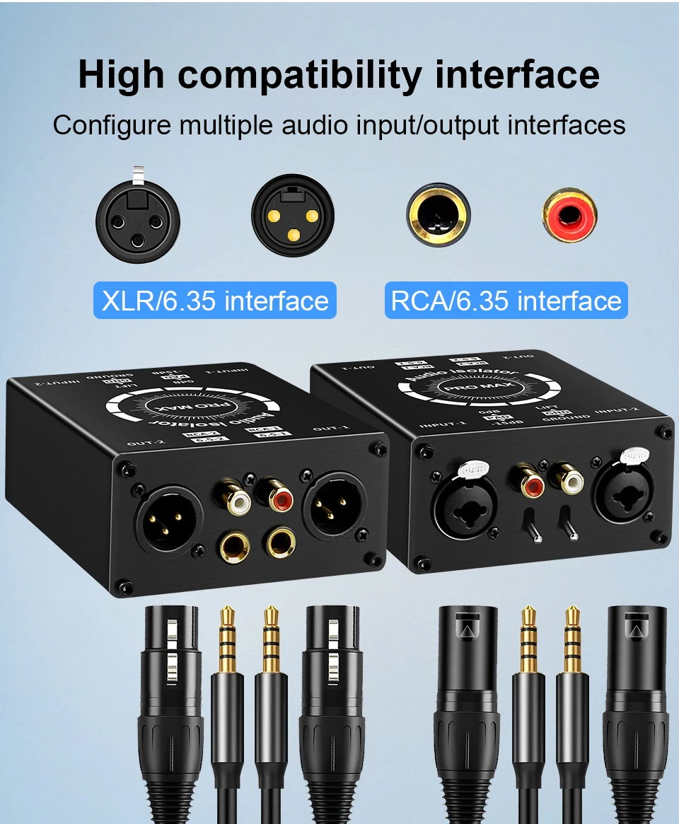 2-Kanal XLR/RCA/TS/TRS Passiver Hum-Eliminator für Audiogeräte, Erdschleifenisolator, Rauschfilter für verschiedene Audioanwendungen – Detail 3