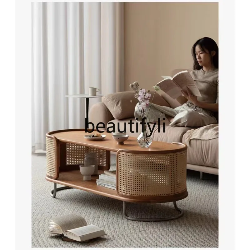 

European and American Style Solid Wood Vintage Round Coffee Table Simple European Style Small Apartment Home Living Room