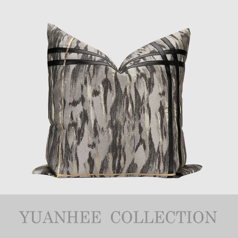 

Новая китайская декоративная подушка для образцовой комнаты, роскошная, из кожи, мягкая, с абстрактным черно-золотым узором, квадратная.