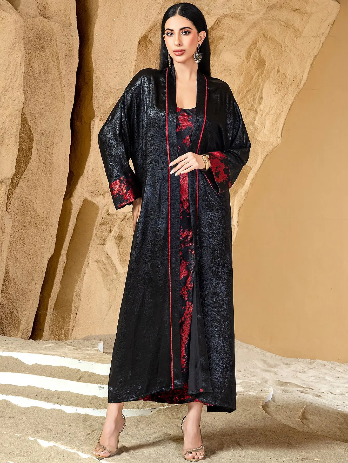 

Ид Красное Черное Платье-комбинация с принтом Комплект из двух предметов Дубай Абая Турция Кафтан Женская Исламская одежда Кебая Кимоно Джалабия Кафтан Халат