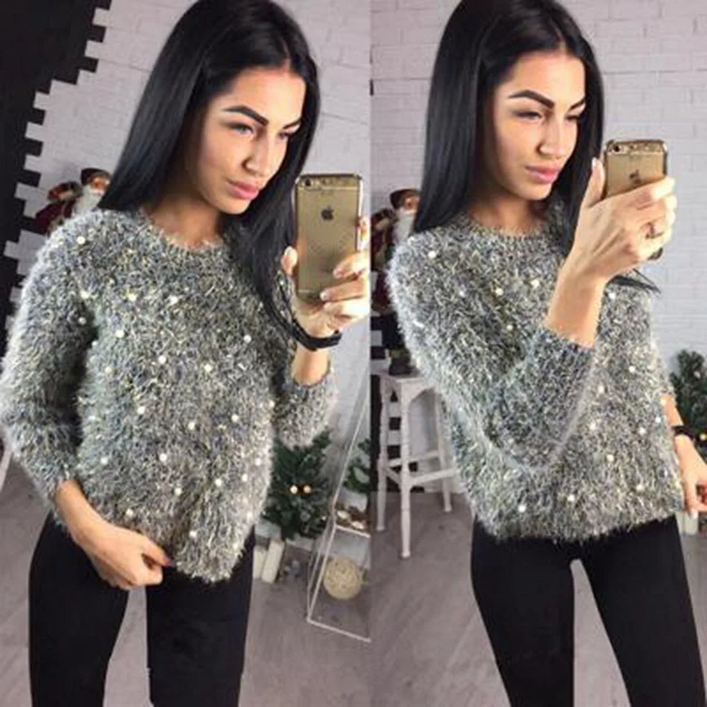 Autumn Winter Fashion Bright Beading Sweaters Women\'s Clothing Sweet O-Neck Solid Loose Knitted Tops Casual Korean Pullovers