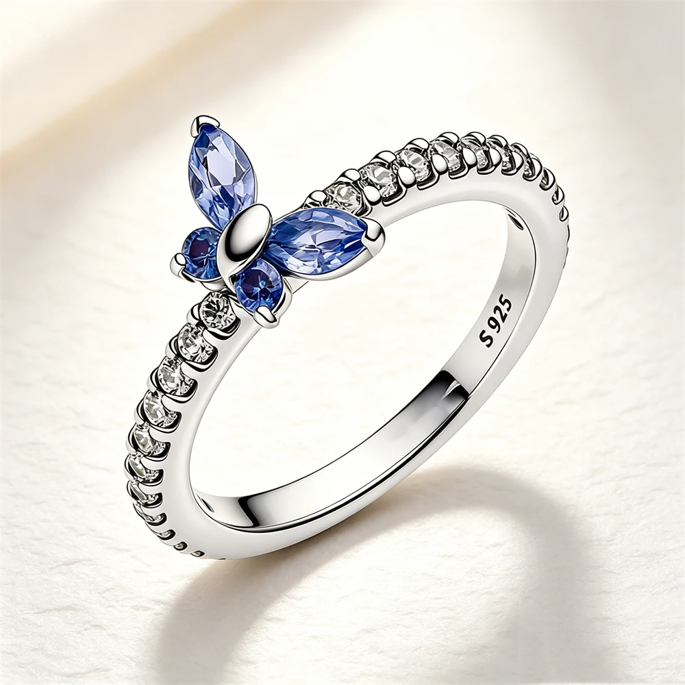 Women's 925 Silver Pink Blue Butterfly Love Ring