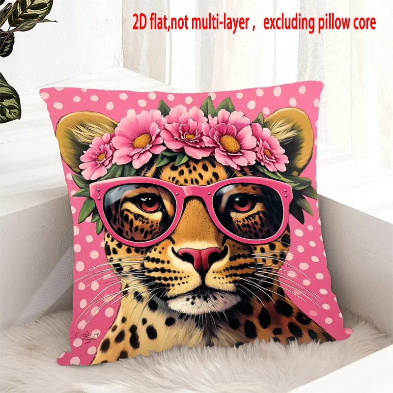 1pc Pink Flower Crown Leopard Head Print Throw Pillow Cover,Suitable for Sofa,Bedroom,Living Room,A Sweet Gift for Animal Lovers