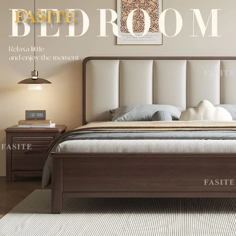 Nordic New Chinese Style Solid Wood Bed Walnut Modern Simple 1.8m Double Light Luxury Soft Master Bedroom Wedding Bed Frame