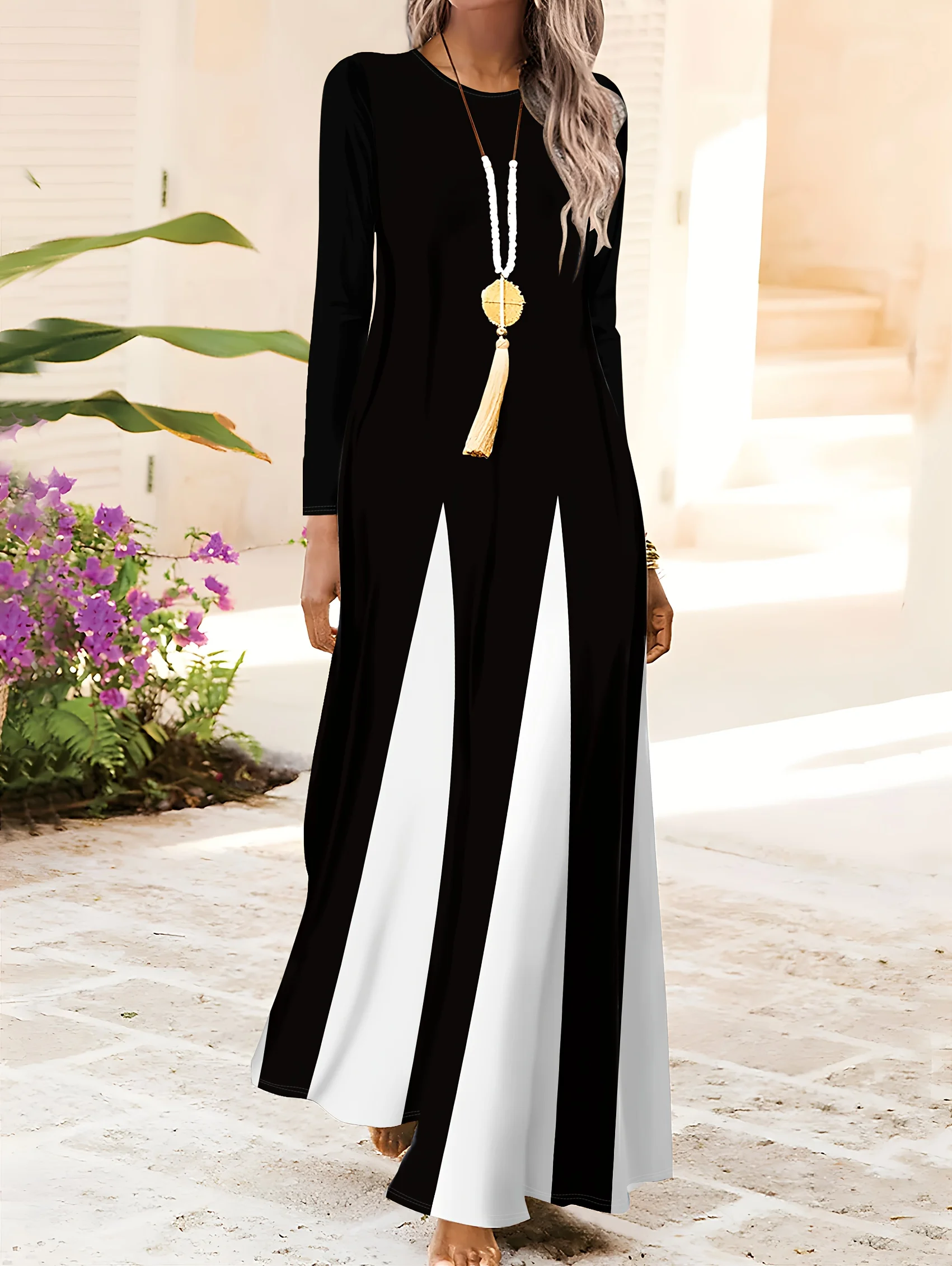 Langärmliges Kleid für Damen, lässiger Stil, A-Linie, Midikleid, Herbst und Winter, einfarbig, lockere Passform, bequem, dehnbar, für den Alltag