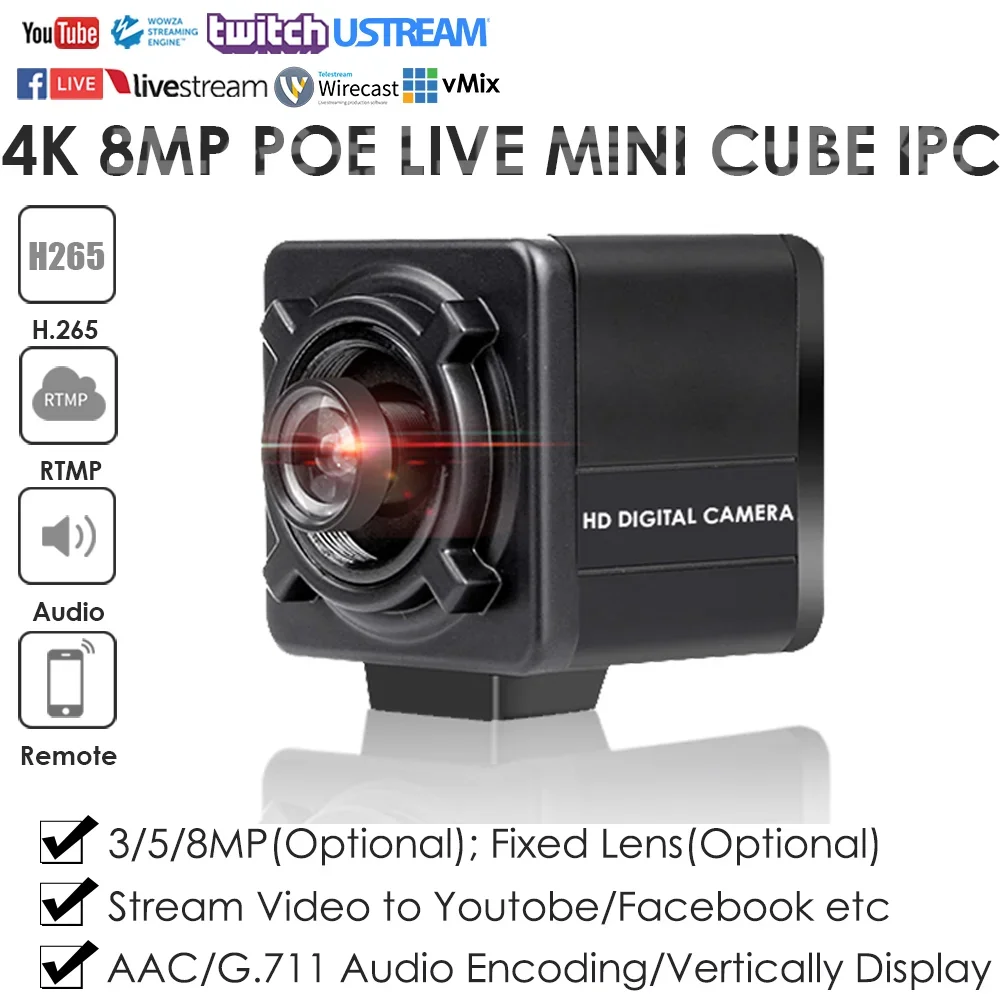 4K 8MP POE RTMP Mini IP Camera CCTV Live Streaming Push Video To YouTube/Wowza/Facebook/Twitter Indoor Onvif Motion Detection