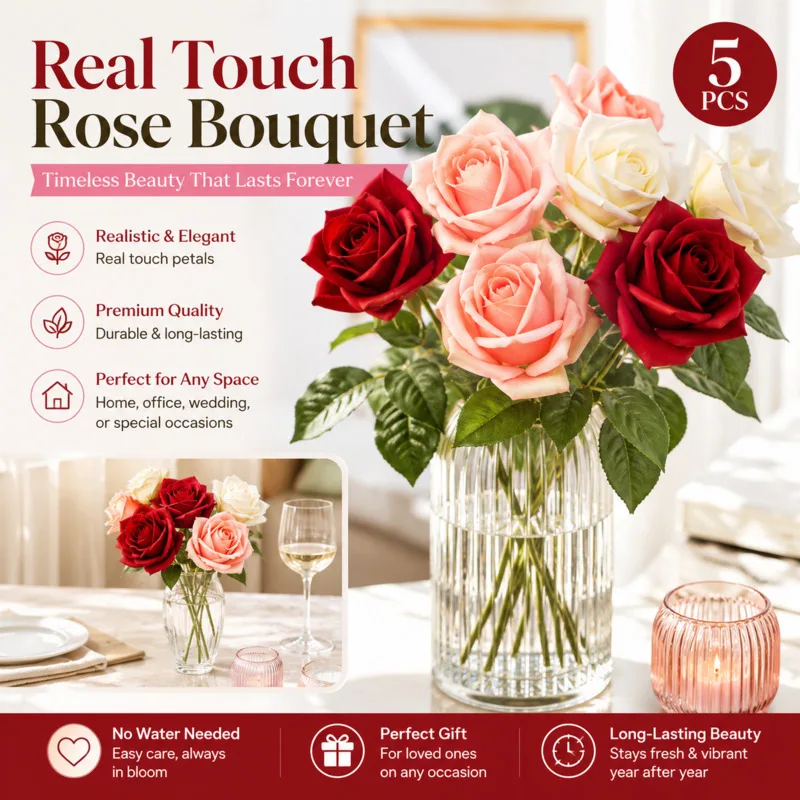 

5pcs Roses Flower Reusable Realistic Wet Touch Burgundy Artificial Long Stem Home Decor Wedding Valentine Photography Prop Gift