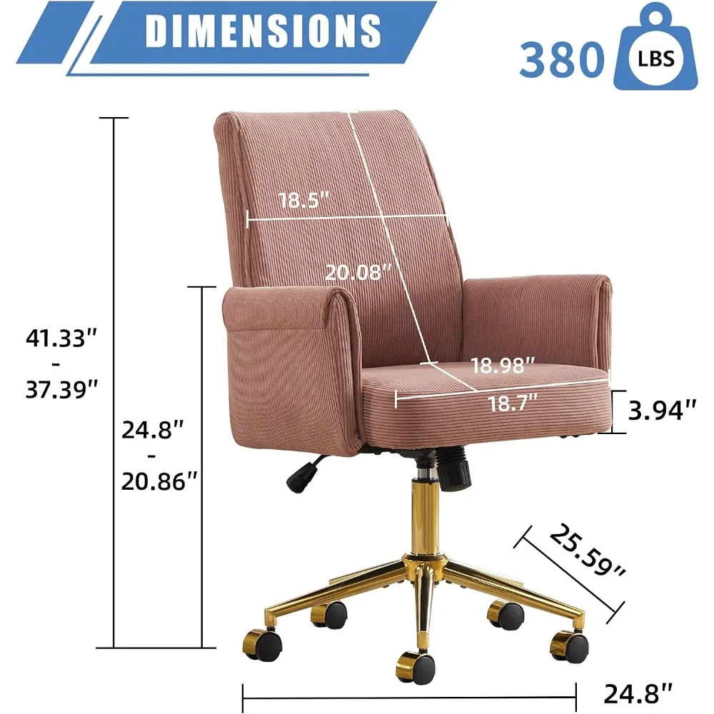 Striped Velvet 360° Swivel Desk Chair, Adjustable Height, Gold Base, Wheels, Rose Red