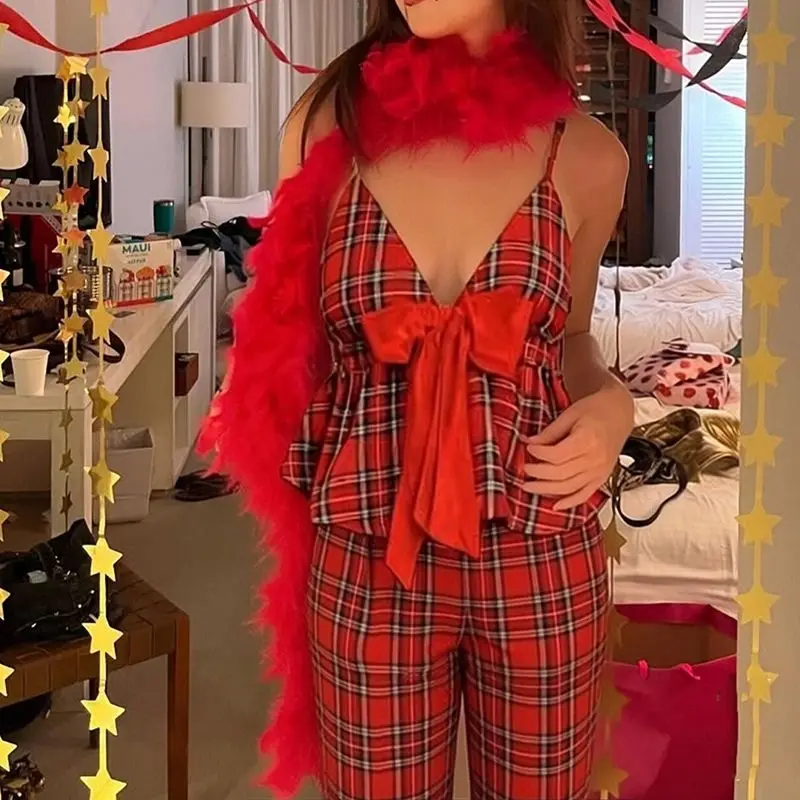 Women's Christmas Costumes Outfits Plaid Print Spaghetti Strap Ruffle Hem Bow Tied V-Neck Babydoll Tops and Long Pants 2Pcs Set - view 4