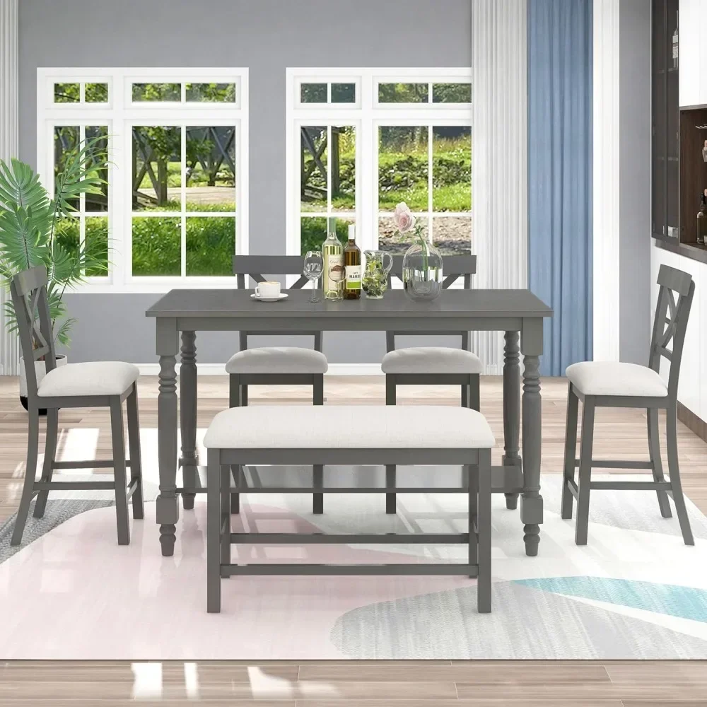 6 Piece Kitchen Table Set with Bench Solid Wood Dining Room Table Set for 6, Counter Height Table with Storage and Upholstered