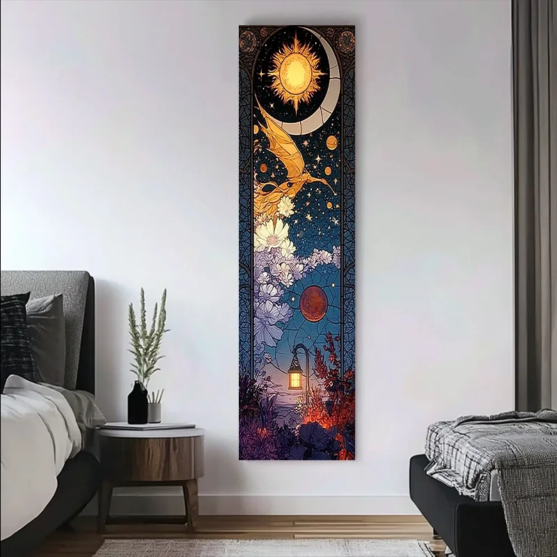 Floral Planet Street Lamp Vertical Long Tapestry Stained Glass Window Sun Crescent Moon Golden Dragon Magical Celestial Fantasy